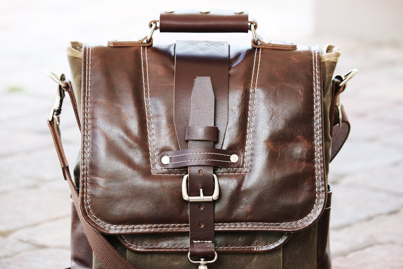 Vertical laptop messenger bag leather and waxed canvas 010115 image 3