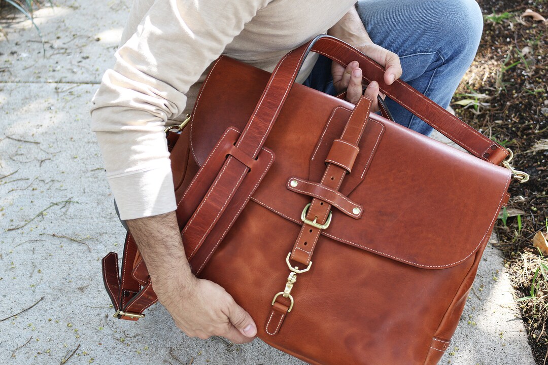 XL 17 Leather Messenger Bag Horween Dublin English Tan Adjustable Closure Handmade by Alex M