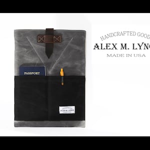 MacBook sleeve with front pockets - waxed canvas and wool felt lining - made in USA
