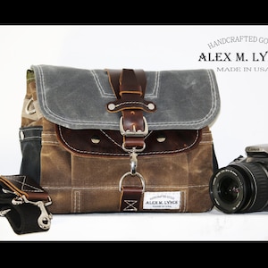 PETITE Waxed Canvas cross body Messenger bag - fait main - field tan + anthracite + accents en cuir 010027