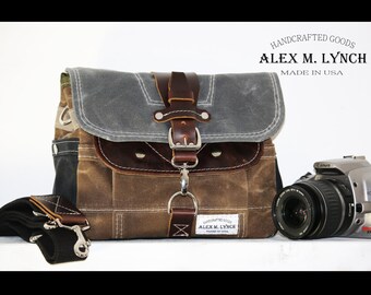 PETITE Waxed Canvas cross body Messenger bag - handmade - field tan + charcoal + leather accents 010027