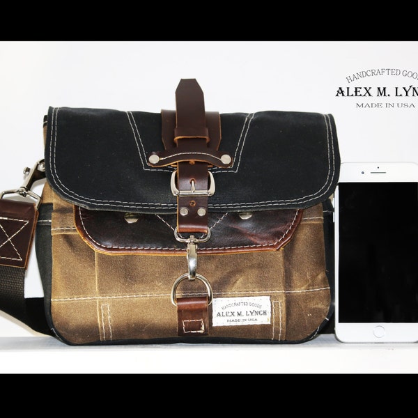 PETITE Waxed Canvas cross body Messenger bag - handmade - field tan + black + leather accents 010027