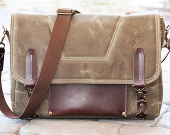 Waxed Canvas Messenger bag - laptop bag handmade by Alex M Lynch - 010096