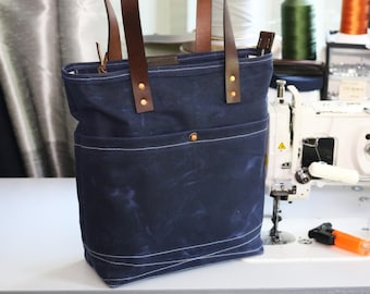 medium Waxed Canvas tote - heavy weight water resistant and genuine leather accents - 010322