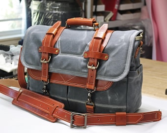 Waxed Canvas Messenger bag - Horween leather accents - handmade by Alex M Lynch - 010310