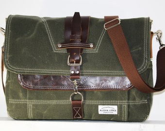Waxed Canvas Messenger bag - handmade - MILITARY GREEN + leather accents + brown shoulder strap 010026