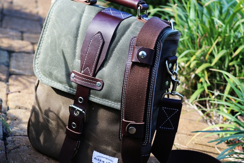 Waxed Canvas vertical Messenger bag handmade 010031 image 5