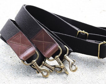 1.50 in wide - Black adjustable cotton webbing shoulder strap with leather accent - Cross Body Messenger - antique brass hardware