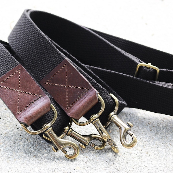 1.50 in wide - Black adjustable cotton webbing shoulder strap with leather accent - Cross Body Messenger - antique brass hardware