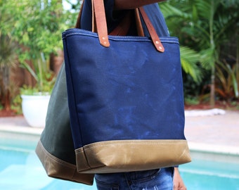 Customizable Waxed Canvas tote, large tote bag, heavy weight water resistant - 010234