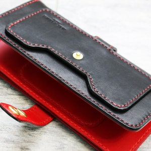 Horween + Buttero Cartera plegable de cuero - cartera larga de cuero - Negro + Rojo - 010239