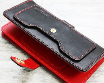 Horween + Buttero Leather bifold wallet - leather long wallet - Black + Red - 010239