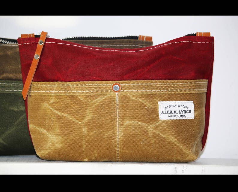 made in USA Zippered heavy canvas pouch with front pockets and leather accents by AlexMLynch