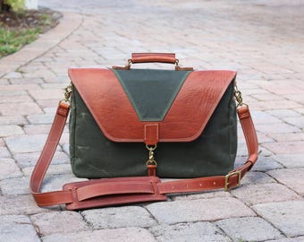 Waxed Canvas Messenger bag - Horween leather accents - briefcase - handmade - 010265