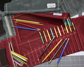 Waxed Canvas pencil roll case - artist roll - painter organizer - 24 compartments - roll up pencil case - 010324