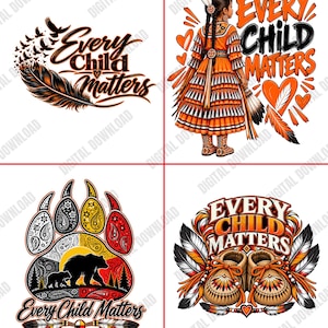 Op de afbeelding: Een set van vier digitale grafische ontwerpen met de tekst Every Child Matters. De ontwerpen bevatten een veer met vogels, een kind in traditionele oranje kleding, een berenpootafdruk met landschap en een paar kralen mocassins met veren.