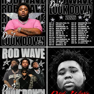 May include: A four-panel graphic poster featuring Rod Wave. The design includes a portrait in a pink shirt, a 2026 tour schedule with city dates, a collage of three images of the artist, and a close-up black and white portrait with red text.