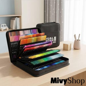May include: A black zipped carrying case containing 100 dual-tip brush markers arranged in a tiered display. The case features the text DUAL BRUSH 100 on the exterior. The markers are organised by colour, showcasing a full spectrum of shades.