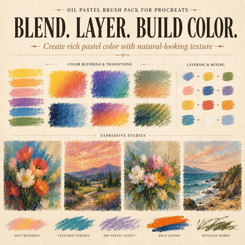 May include: An oil pastel brush pack for Procreate featuring the text BLEND. LAYER. BUILD COLOR. The image displays colour blending, layering, and mixing examples, along with four expressive studies of flowers and landscapes in oil pastel style.