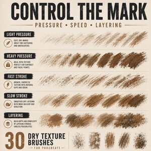 Puede incluir: Una tabla de referencia digital titulada CONTROL THE MARK con 30 pinceles de textura seca para Procreate. Muestra muestras de trazos de pincel marrones categorizadas por presi&oacute;n ligera, presi&oacute;n fuerte, trazo r&aacute;pido, trazo lento y capas.