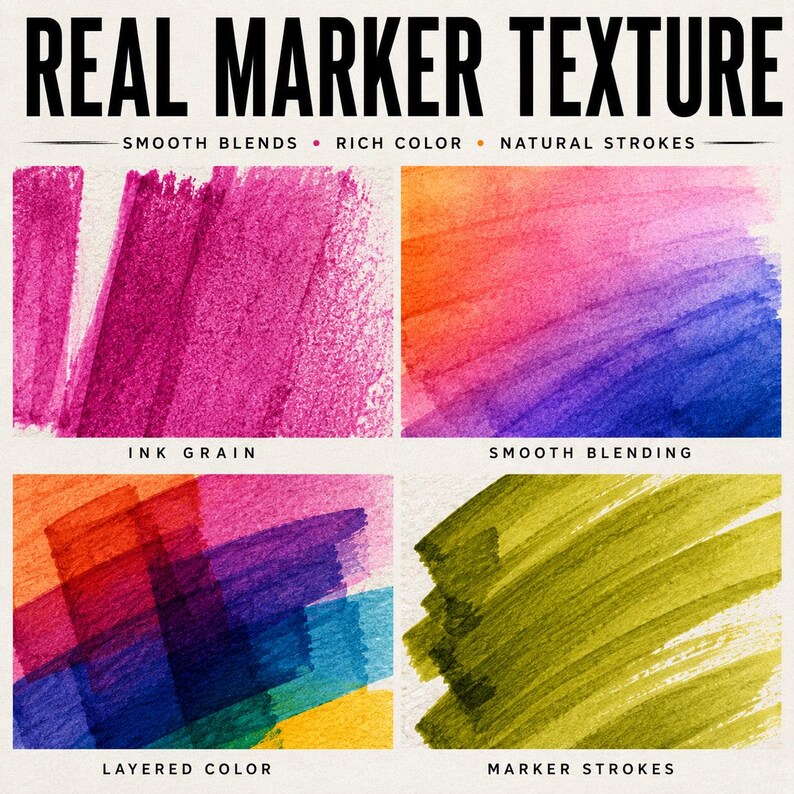 Pode incluir: Uma exibi&ccedil;&atilde;o gr&aacute;fica digital intitulada REAL MARKER TEXTURE com quatro pain&eacute;is mostrando tra&ccedil;os de marcador. Os pain&eacute;is incluem gr&atilde;o de tinta magenta, mistura suave de laranja para azul, cores em camadas e tra&ccedil;os de marcador verde-oliva.