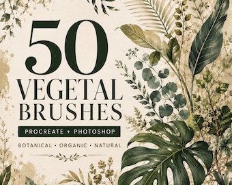 50 Vegetal Brushes for Procreate and Photoshop, Foliage, Leaf & Plant Texture Brush Set