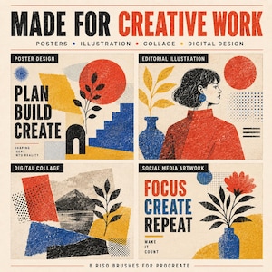 K&ouml;nnte beinhalten: Ein digitales Grafikset mit dem Titel MADE FOR CREATIVE WORK, bestehend aus vier Feldern mit texturierten Illustrationen in Rot, Blau und Gelb. Die Felder enthalten Text wie PLAN BUILD CREATE, FOCUS CREATE REPEAT und 8 RISO BRUSHES FOR PROCREATE.