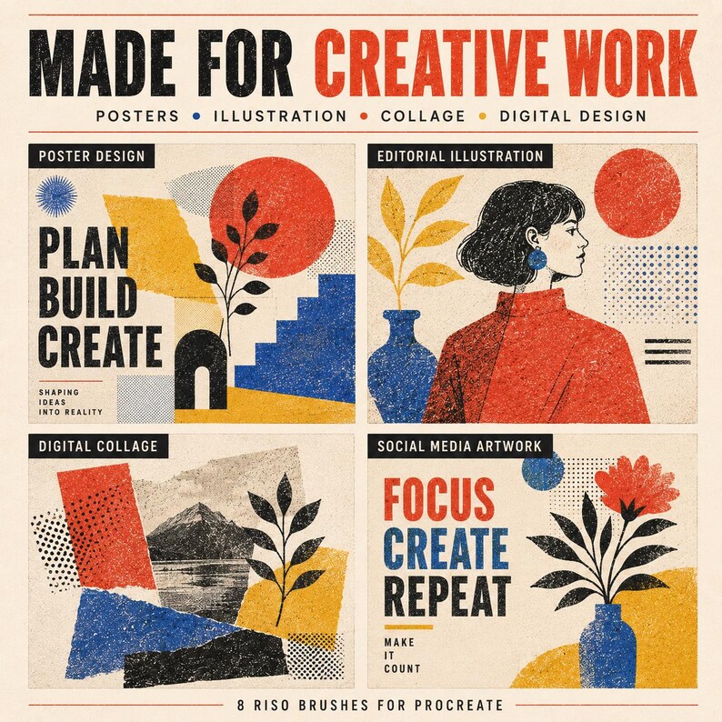 K&ouml;nnte beinhalten: Ein digitales Grafikset mit dem Titel MADE FOR CREATIVE WORK, bestehend aus vier Feldern mit texturierten Illustrationen in Rot, Blau und Gelb. Die Felder enthalten Text wie PLAN BUILD CREATE, FOCUS CREATE REPEAT und 8 RISO BRUSHES FOR PROCREATE.