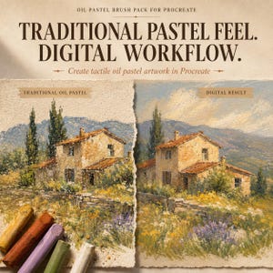 May include: A digital product advertisement for an oil pastel brush pack for Procreate. The image displays a side-by-side comparison of a traditional oil pastel landscape painting and a digital result, featuring a stone house, trees, and mountains.