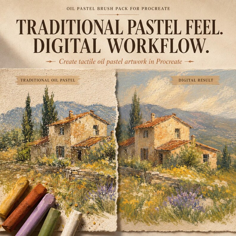 May include: A digital product advertisement for an oil pastel brush pack for Procreate. The image displays a side-by-side comparison of a traditional oil pastel landscape painting and a digital result, featuring a stone house, trees, and mountains.