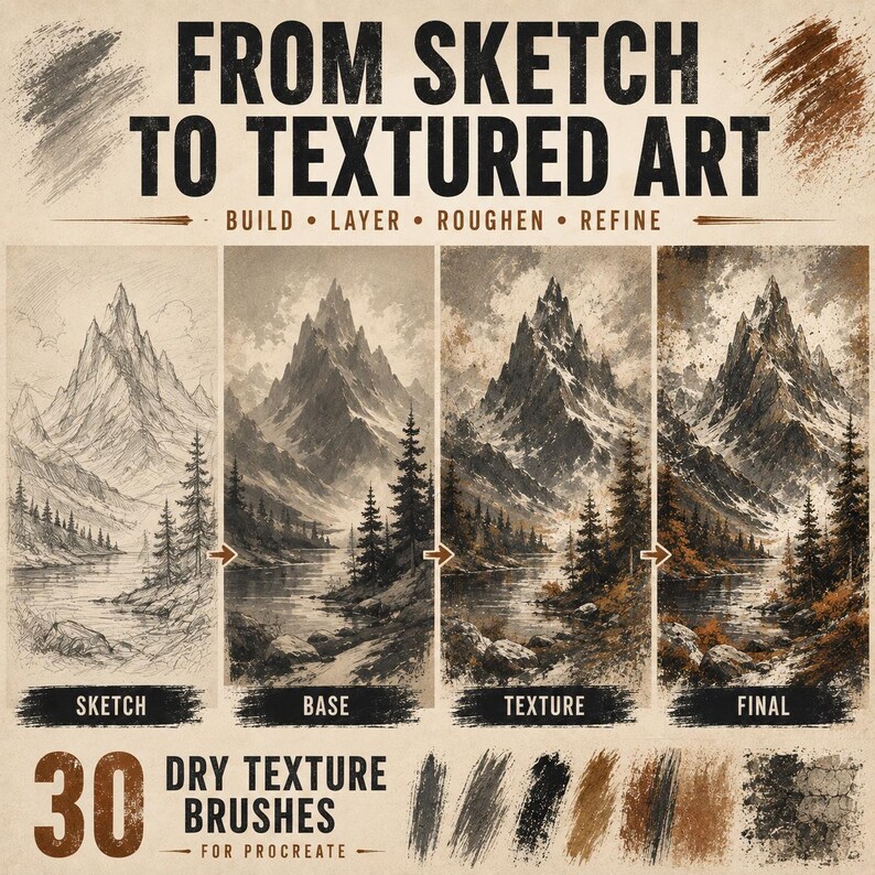 Puede incluir: Un gr&aacute;fico de tutorial de arte digital titulado FROM SKETCH TO TEXTURED ART, que muestra la progresi&oacute;n de un paisaje de monta&ntilde;a desde el boceto hasta la base, la textura y las etapas finales. Incluye 30 pinceles de textura seca para Procreate.