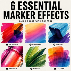 Pode incluir: Um gr&aacute;fico intitulado 6 ESSENTIAL MARKER EFFECTS BUILD COLOR WITH CONTROL apresentando seis quadrados numerados com t&eacute;cnicas de marcador: 1 Bold Color, 2 Soft Blend, 3 Shadow, 4 Highlight, 5 Texture e 6 Layering com v&aacute;rias cores.
