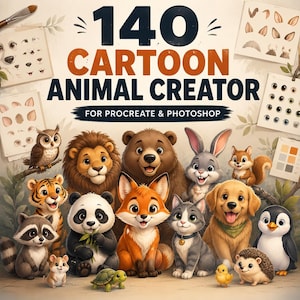 Peut inclure: Un kit de conception numérique intitulé 140 CARTOON ANIMAL CREATOR FOR PROCREATE & PHOTOSHOP présentant des illustrations de lion, ours, renard, lapin, panda, tigre, raton laveur, chat, chien, pingouin, hérisson, tortue et poussin.