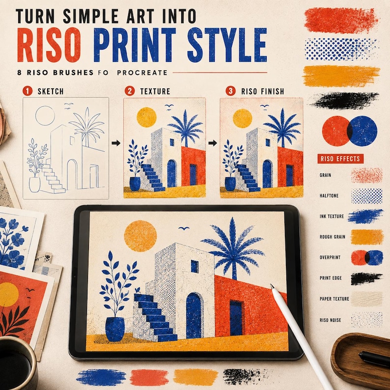 K&ouml;nnte beinhalten: Ein digitales Tablet mit einer Illustration im Riso-Druckstil, die ein Geb&auml;ude mit einer Palme, Treppen und einer Sonne zeigt. Der Bildschirm zeigt eine Schritt-f&uuml;r-Schritt-Anleitung mit dem Titel TURN SIMPLE ART INTO RISO PRINT STYLE.
