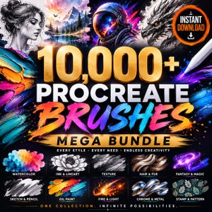 以下が含まれることがあります： 10,000種類以上のProcreateブラシメガバンドルのデジタル広告画像。ポートレート、山の風景、宇宙飛行士、ドラゴンのイラストが描かれています。水彩、インク、金属などの様々なブラシストロークのサンプルと、製品名や特徴を示すテキストが表示されています。