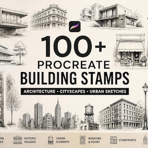 May include: A digital collection of 100+ Procreate building stamps featuring black and white architectural sketches of modern houses, historic facades, cityscapes, urban elements, storefronts, windows, doors, and towers on a light background.