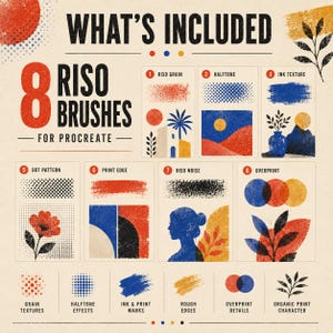 K&ouml;nnte beinhalten: Eine digitale Produktanzeige mit dem Titel 8 Riso Brushes for Procreate, die acht nummerierte Felder mit verschiedenen Texturen wie K&ouml;rnung, Raster, Tinte und Rauschen zeigt. Das Design enth&auml;lt rote, blaue und gelbe Illustrationen von Pflanzen und Landschaften.