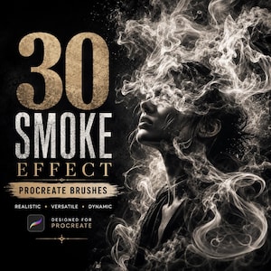 May include: A digital graphic featuring the text 30 SMOKE EFFECT PROCREATE BRUSHES REALISTIC VERSATILE DYNAMIC DESIGNED FOR PROCREATE next to a profile view of a person surrounded by swirling white smoke against a dark black background.