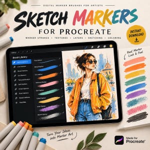 May include: A digital brush set for Procreate titled Sketch Markers for Procreate, featuring a tablet screen displaying a brush library and an illustration of a person in a yellow jacket, alongside colorful marker stroke samples.