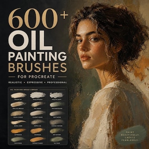Op de afbeelding: Een digitale productweergave met de tekst 600+ OIL PAINTING BRUSHES FOR PROCREATE, REALISTIC, EXPRESSIVE, PROFESSIONAL. Het bevat een raster van penseelstreekvoorbeelden en een portret van een persoon in olieverfstijl.