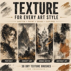 Puede incluir: Una pantalla de producto digital con el texto "TEXTURE FOR EVERY ART STYLE" y "30 DRY TEXTURE BRUSHES FOR PROCREATE". Cuatro paneles muestran un retrato, un paisaje monta&ntilde;oso, una escena urbana y arte abstracto en negro, blanco y marr&oacute;n.
