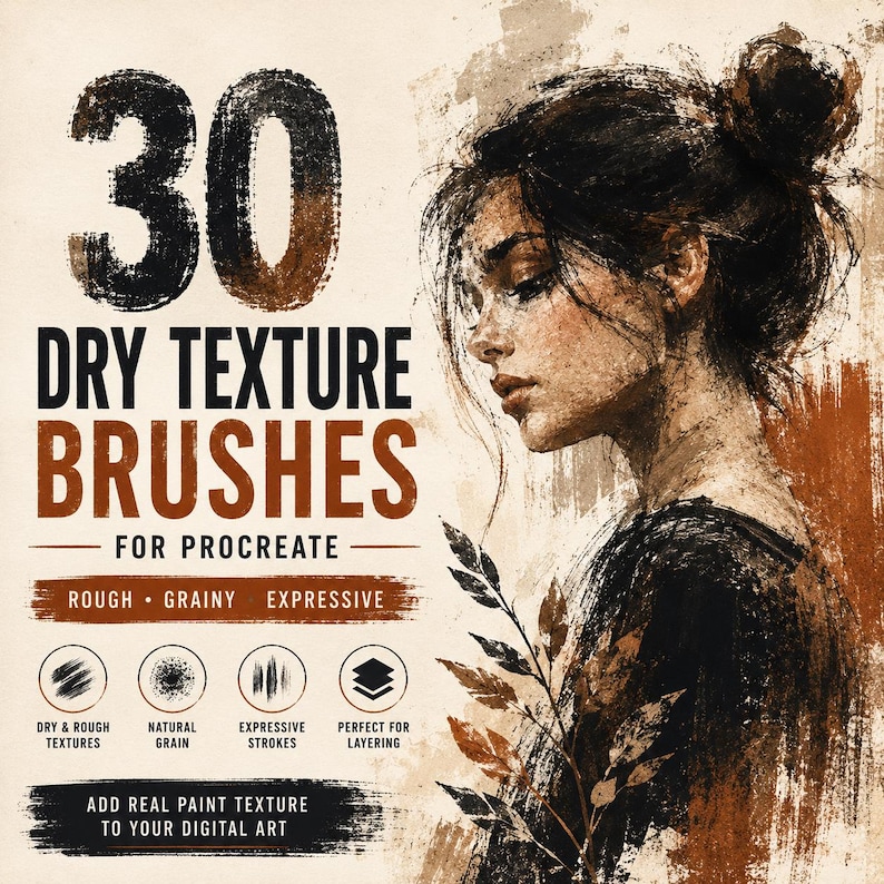 Puede incluir: Un paquete de recursos digitales titulado 30 DRY TEXTURE BRUSHES FOR PROCREATE. La imagen muestra un boceto en carboncillo y marr&oacute;n de una persona con un mo&ntilde;o, junto con texto que describe los pinceles como rugosos, granulosos y expresivos.