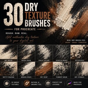 Puede incluir: Una presentaci&oacute;n de producto digital con 30 pinceles de textura seca para Procreate. El gr&aacute;fico incluye etiquetas de texto y diez muestras que muestran varios efectos como pincel seco, grano rugoso, tiza, ara&ntilde;azos, desgastado y sombreado arenoso.