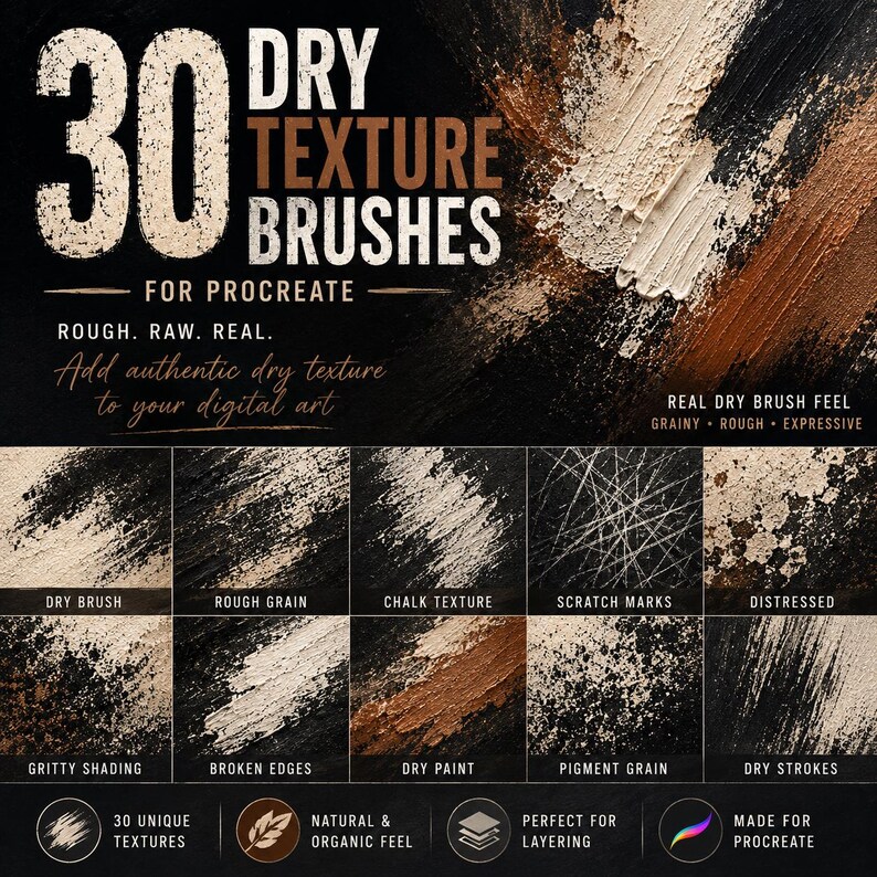 Puede incluir: Una presentaci&oacute;n de producto digital con 30 pinceles de textura seca para Procreate. El gr&aacute;fico incluye etiquetas de texto y diez muestras que muestran varios efectos como pincel seco, grano rugoso, tiza, ara&ntilde;azos, desgastado y sombreado arenoso.