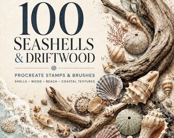 100 Seashells and Driftwood Procreate Stamps, Beach and Coastal Texture Brush Set