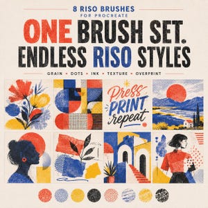 K&ouml;nnte beinhalten: Ein digitales Pinselset f&uuml;r Procreate mit 8 Riso-Pinseln. Das Bild zeigt den Text 8 RISO BRUSHES FOR PROCREATE, ONE BRUSH SET. ENDLESS RISO STYLES, GRAIN, DOTS, INK, TEXTURE, OVERPRINT und PRESS PRINT REPEAT sowie acht beispielhafte Illustrationen.