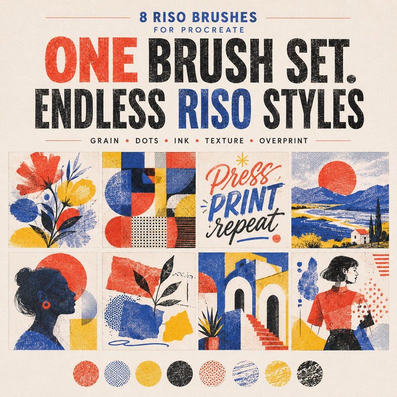 K&ouml;nnte beinhalten: Ein digitales Pinselset f&uuml;r Procreate mit 8 Riso-Pinseln. Das Bild zeigt den Text 8 RISO BRUSHES FOR PROCREATE, ONE BRUSH SET. ENDLESS RISO STYLES, GRAIN, DOTS, INK, TEXTURE, OVERPRINT und PRESS PRINT REPEAT sowie acht beispielhafte Illustrationen.