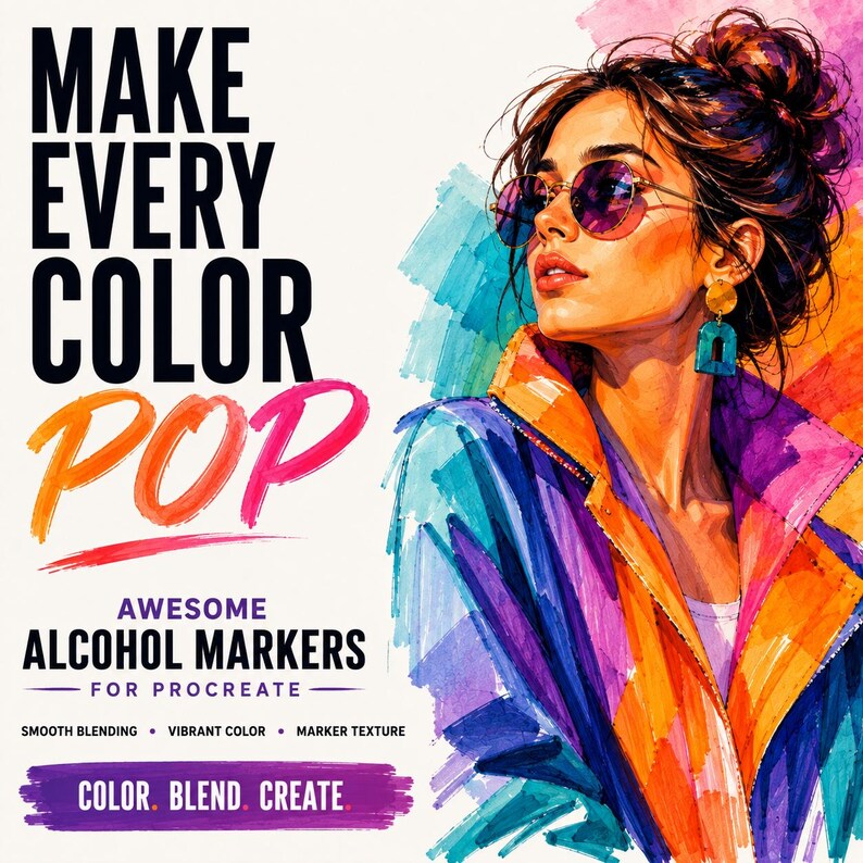 Pode incluir: Uma ilustra&ccedil;&atilde;o digital de uma pessoa com um coque, &oacute;culos de sol redondos roxos e brincos turquesa. O texto diz: MAKE EVERY COLOR POP, AWESOME ALCOHOL MARKERS FOR PROCREATE, SMOOTH BLENDING, VIBRANT COLOR, MARKER TEXTURE, COLOR. BLEND. CREATE.