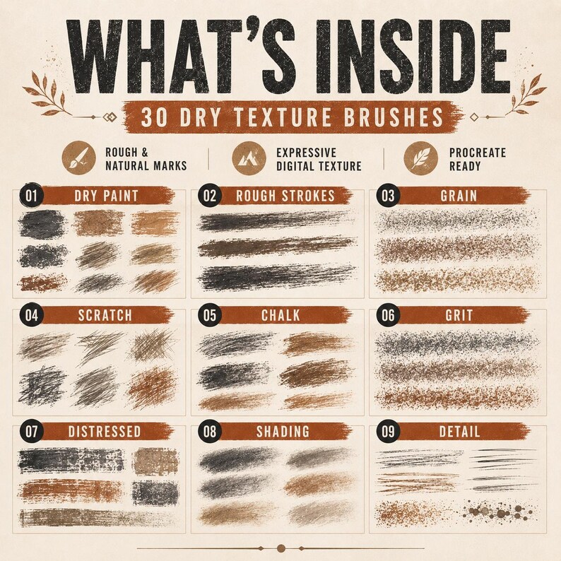 Puede incluir: Una pantalla de producto digital titulada WHAT'S INSIDE 30 DRY TEXTURE BRUSHES. Presenta nueve secciones numeradas que muestran varios trazos de pincel, incluyendo pintura seca, trazos rugosos, grano, rasgu&ntilde;o, tiza, arenilla, desgastado, sombreado y detalle.