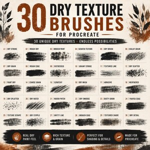 Puede incluir: Una colecci&oacute;n digital de 30 pinceles de textura seca para Procreate, mostrada como una cuadr&iacute;cula de trazos negros sobre un fondo crema. Cada trazo est&aacute; numerado y etiquetado con nombres como Dry Stroke, Rough Dry y Chalky Grain, con encabezados de texto.